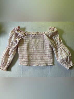 miami Pink & White Gingham Smocked Off-Shoulder Blouse